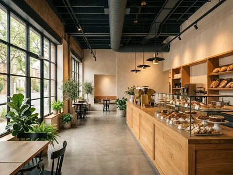 Interior de cafetería con barra de madera